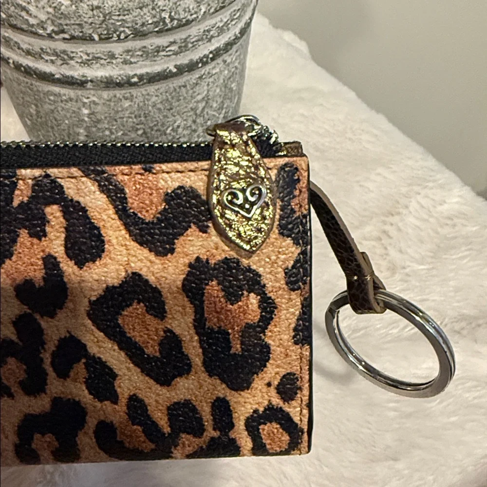 Brighton Leopard Print Leather Zip Around Catwalk Coin‎ Case Key Ring Vintage
